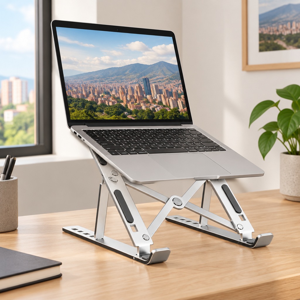 Soporte plateado para laptop con una computadora apoyada